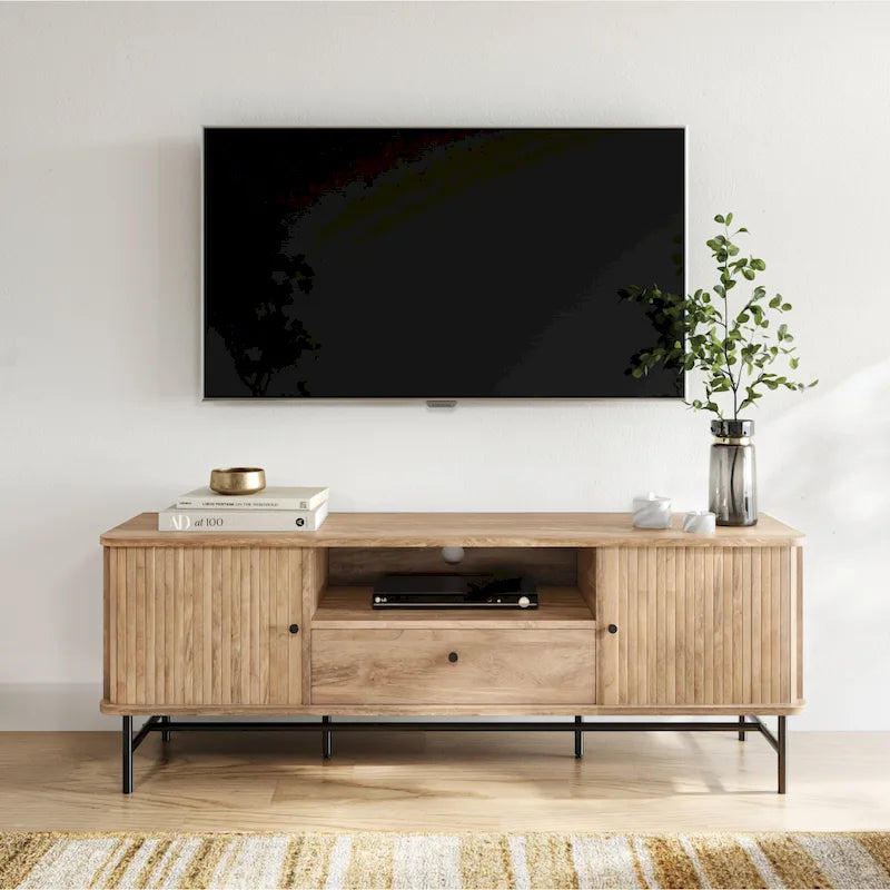 Meuble TV marron avec portes coulissantes à tambour et tiroir, pour téléviseurs jusqu'à 75"