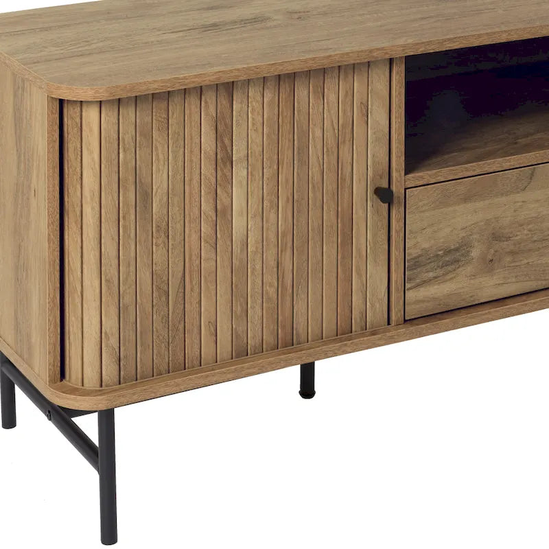 Meuble TV marron avec portes coulissantes à tambour et tiroir, pour téléviseurs jusqu'à 75"