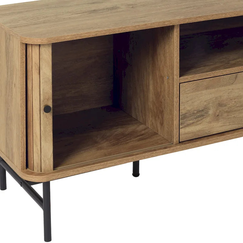 Meuble TV marron avec portes coulissantes à tambour et tiroir, pour téléviseurs jusqu'à 75"