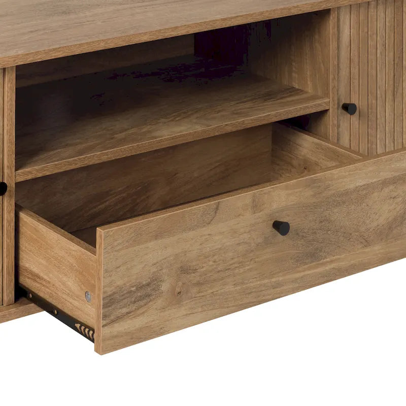 Meuble TV marron avec portes coulissantes à tambour et tiroir, pour téléviseurs jusqu'à 75"