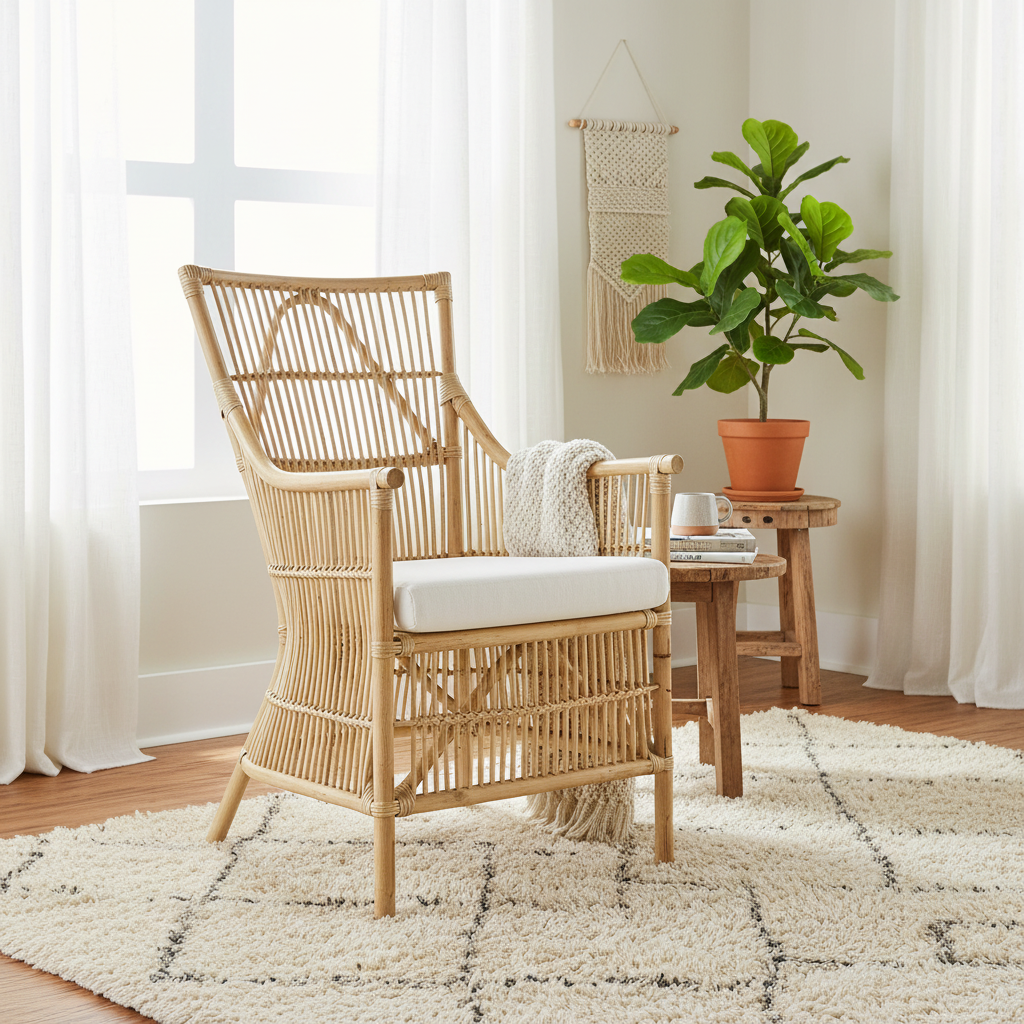 Fauteuil de salle à manger en rotin brun naturel et tissu blanc, avec assise rembourrée et dossier à lattes, 1 place