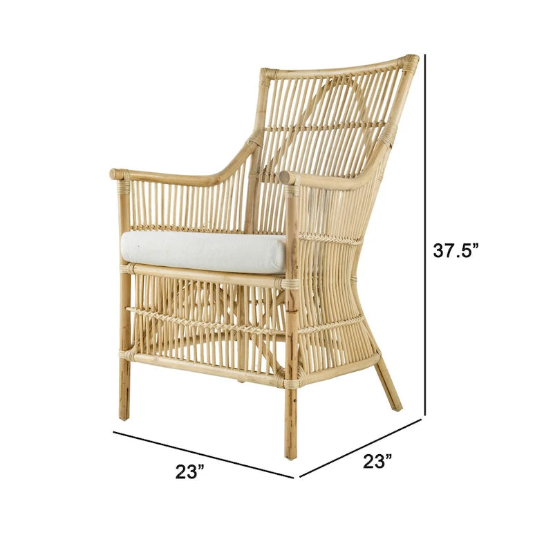 Fauteuil de salle à manger en rotin brun naturel et tissu blanc, avec assise rembourrée et dossier à lattes, 1 place