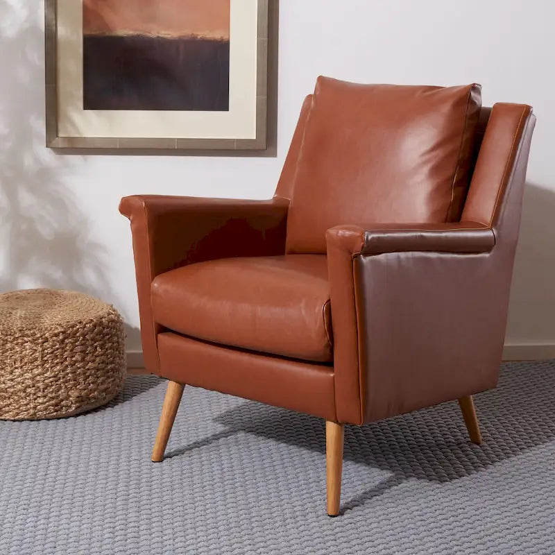 Fauteuil de style Mid-Century avec pieds évasés en chêne, 1 place, Cognac/Pierre/Olive/Marine