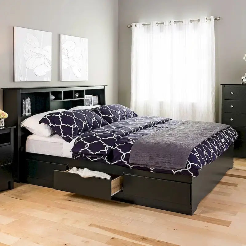 Cadre de lit plateforme King Size noir avec 6 tiroirs de rangement et support à lattes en bois, pour 2 personnes