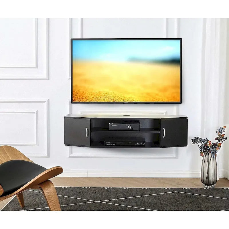 Meuble TV suspendu mural noir / étagère de rangement avec étagère réglable et passe-câbles, 110 cm