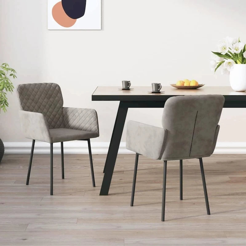 Chaise de salle à manger capitonnée en velours gris clair/gris foncé/crème/noir avec accoudoirs et dossier rembourrés en mousse, lot de 2, pour 2 personnes