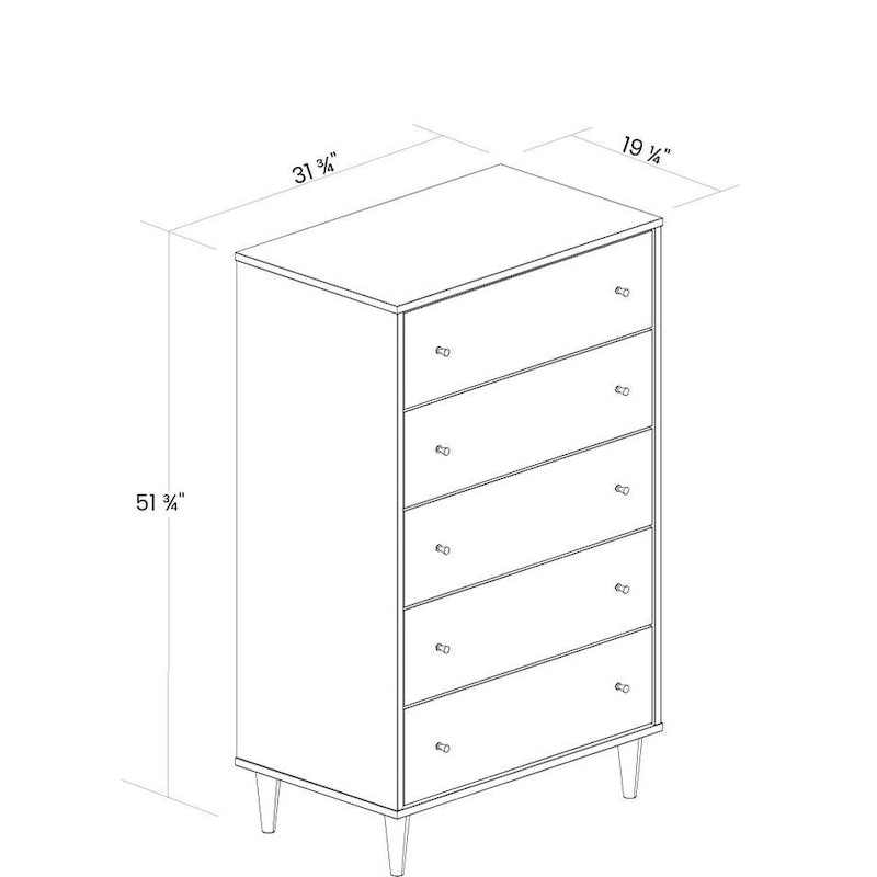 Commode à 5 tiroirs de style moderne du milieu du siècle Blanc/Noyer avec pieds coniques en eucalyptus et poignées en laiton vieilli