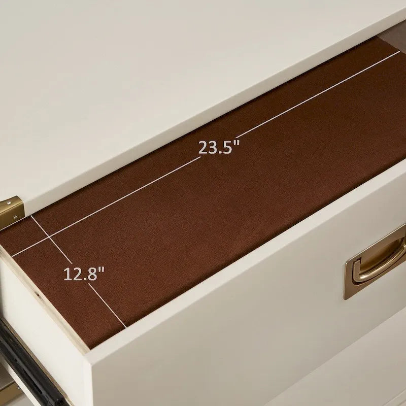 Table de chevet à 3 tiroirs de style campagne avec poignées dorées, espresso/gris/blanc