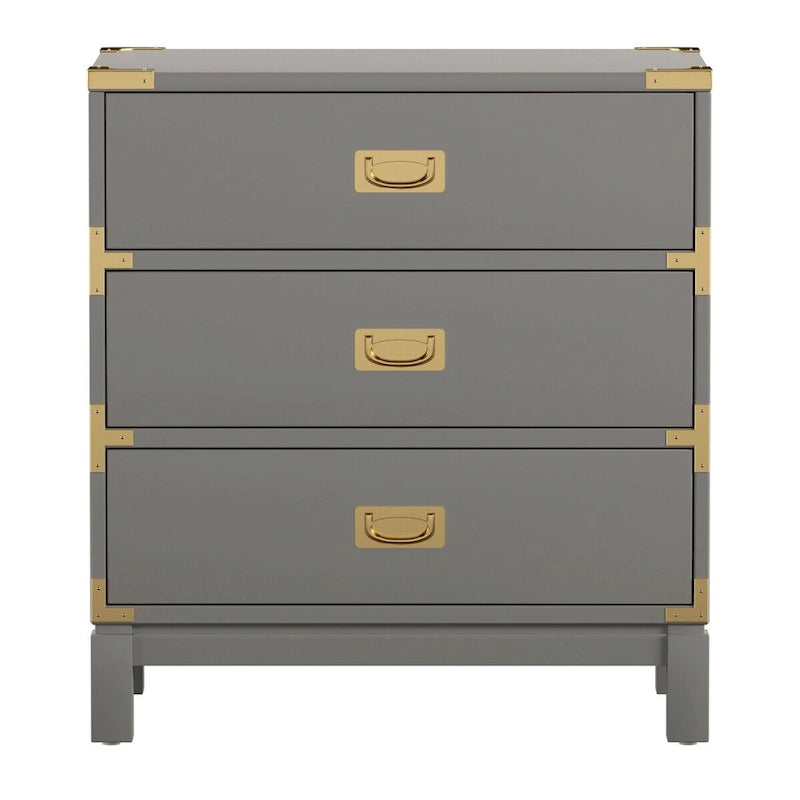 Table de chevet à 3 tiroirs de style campagne avec poignées dorées, espresso/gris/blanc