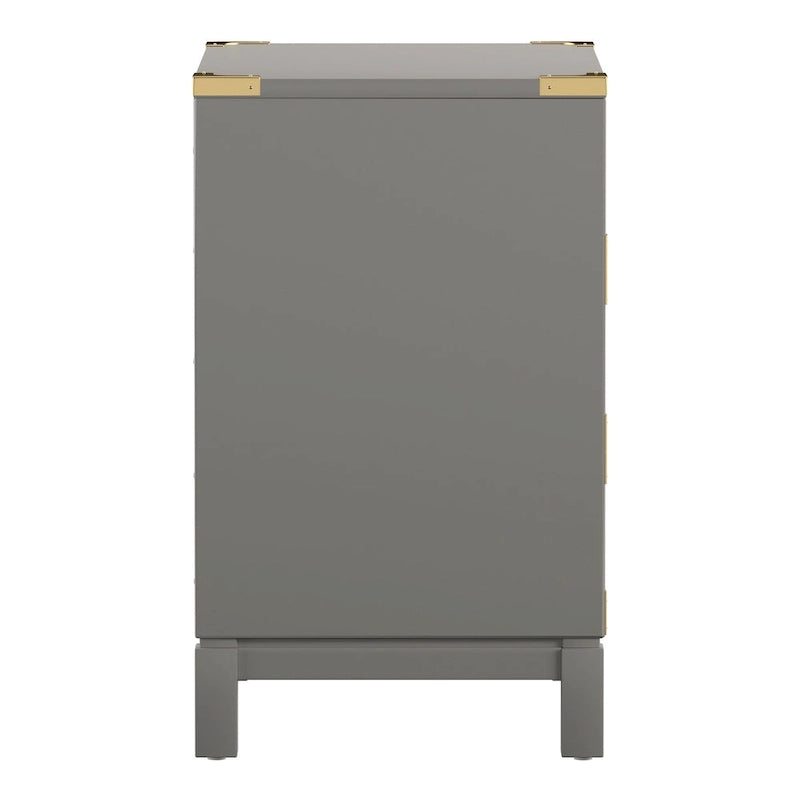 Table de chevet à 3 tiroirs de style campagne avec poignées dorées, espresso/gris/blanc