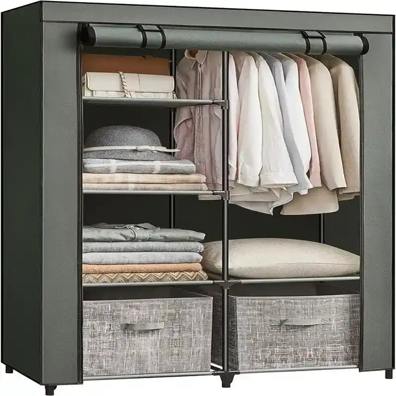 Armoire portable en tissu bleu/vert/noir/gris avec 6 étagères, tringle à suspendre et housse zippée anti-poussière