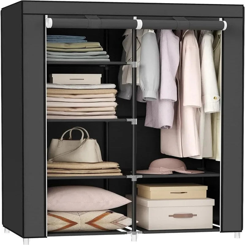 Armoire portable en tissu bleu/vert/noir/gris avec 6 étagères, tringle à suspendre et housse zippée anti-poussière