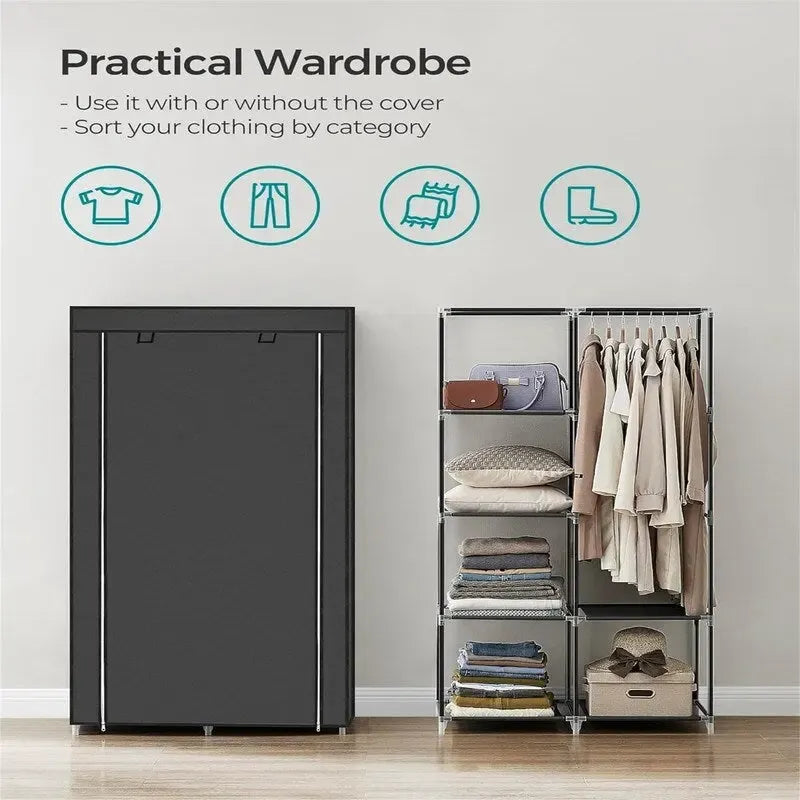 Armoire portable en tissu bleu/vert/noir/gris avec 6 étagères, tringle à suspendre et housse zippée anti-poussière