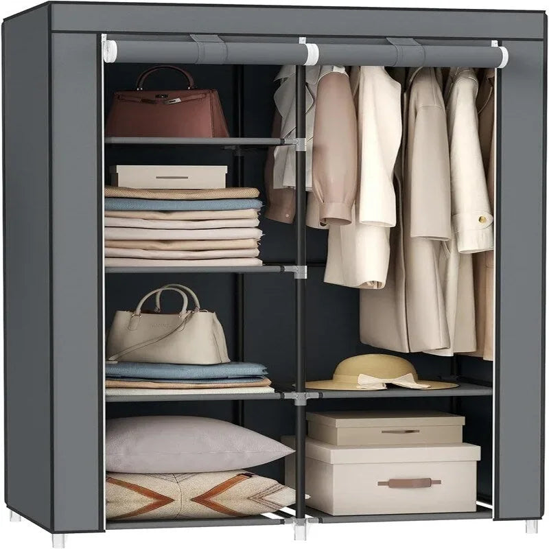 Armoire portable en tissu bleu/vert/noir/gris avec 6 étagères, tringle à suspendre et housse zippée anti-poussière