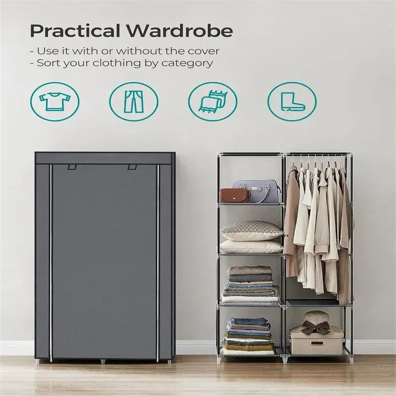 Armoire portable en tissu bleu/vert/noir/gris avec 6 étagères, tringle à suspendre et housse zippée anti-poussière