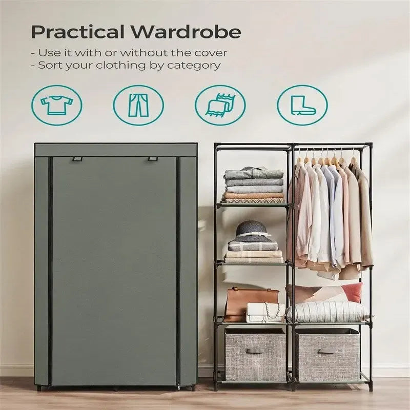 Armoire portable en tissu bleu/vert/noir/gris avec 6 étagères, tringle à suspendre et housse zippée anti-poussière