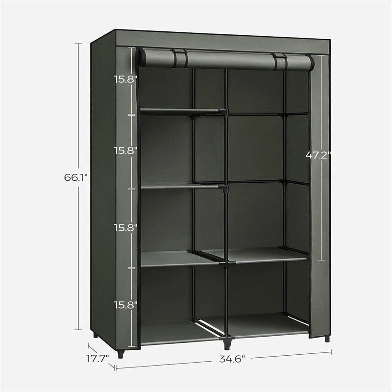 Armoire portable en tissu bleu/vert/noir/gris avec 6 étagères, tringle à suspendre et housse zippée anti-poussière