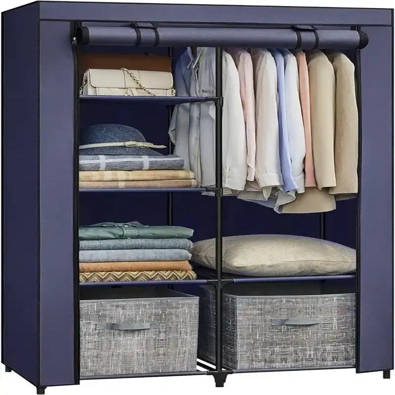 Armoire portable en tissu bleu/vert/noir/gris avec 6 étagères, tringle à suspendre et housse zippée anti-poussière