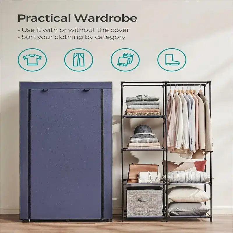 Armoire portable en tissu bleu/vert/noir/gris avec 6 étagères, tringle à suspendre et housse zippée anti-poussière