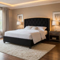 Elle King Size Bed, Low Profile, Button Tufted Upholstered Headboard, Black
