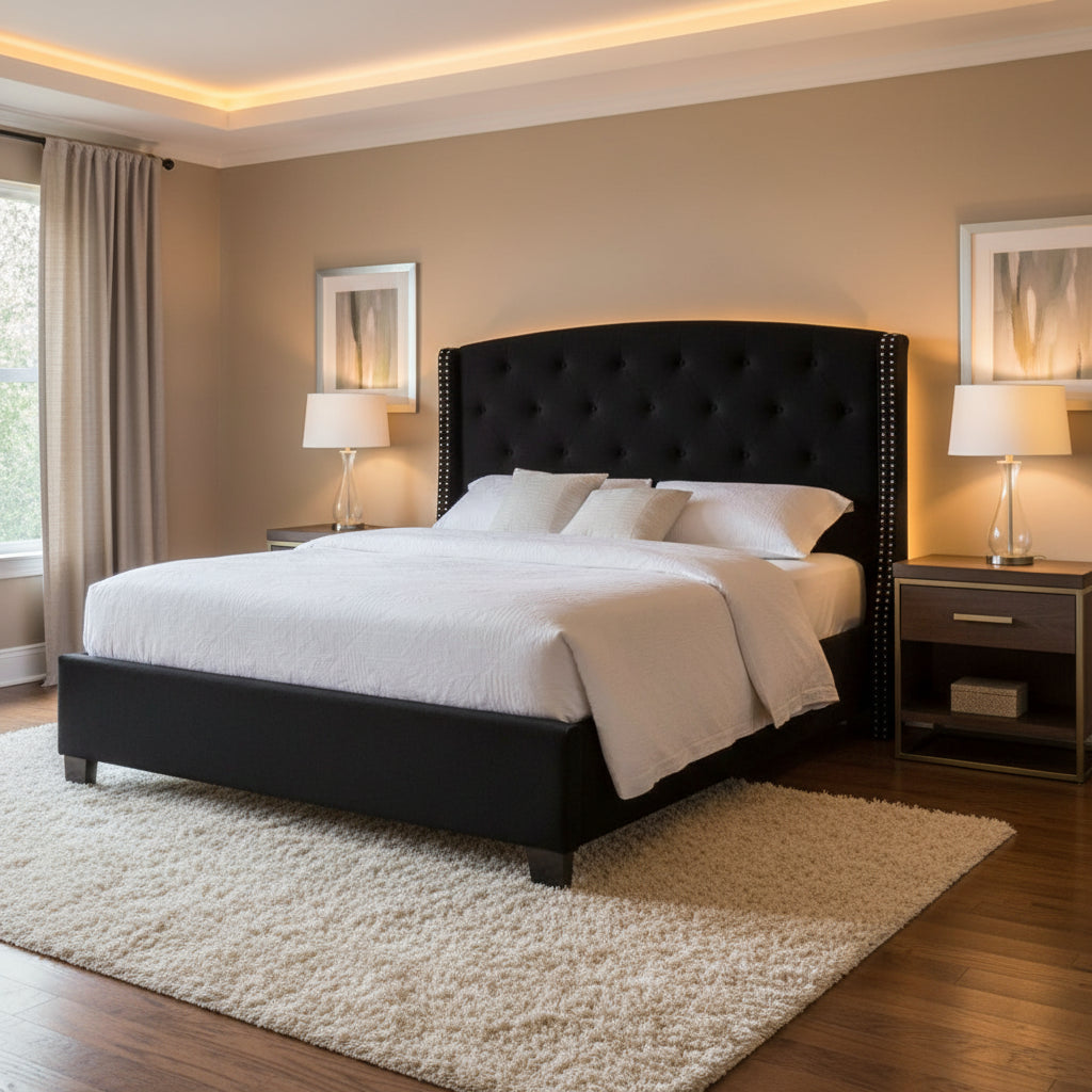 Elle King Size Bed, Low Profile, Button Tufted Upholstered Headboard, Black