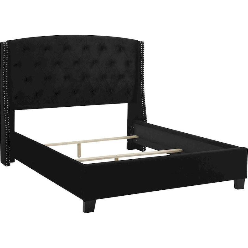 Lit King Size noir à profil bas avec tête de lit capitonnée, garniture cloutée et pied de lit à panneaux, pour 2 personnes