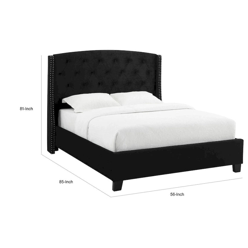 Lit King Size noir à profil bas avec tête de lit capitonnée, garniture cloutée et pied de lit à panneaux, pour 2 personnes