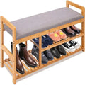 Banc à chaussures 2-en-1 en bambou avec coussin et rangement, 1 place