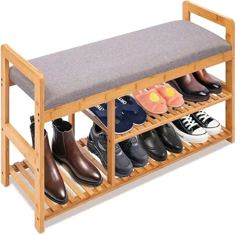 Banc à chaussures 2-en-1 en bambou avec coussin et rangement, 1 place