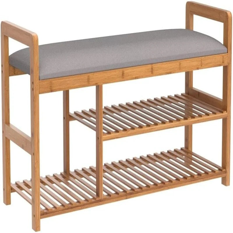Banc à chaussures 2-en-1 en bambou avec coussin et rangement, 1 place