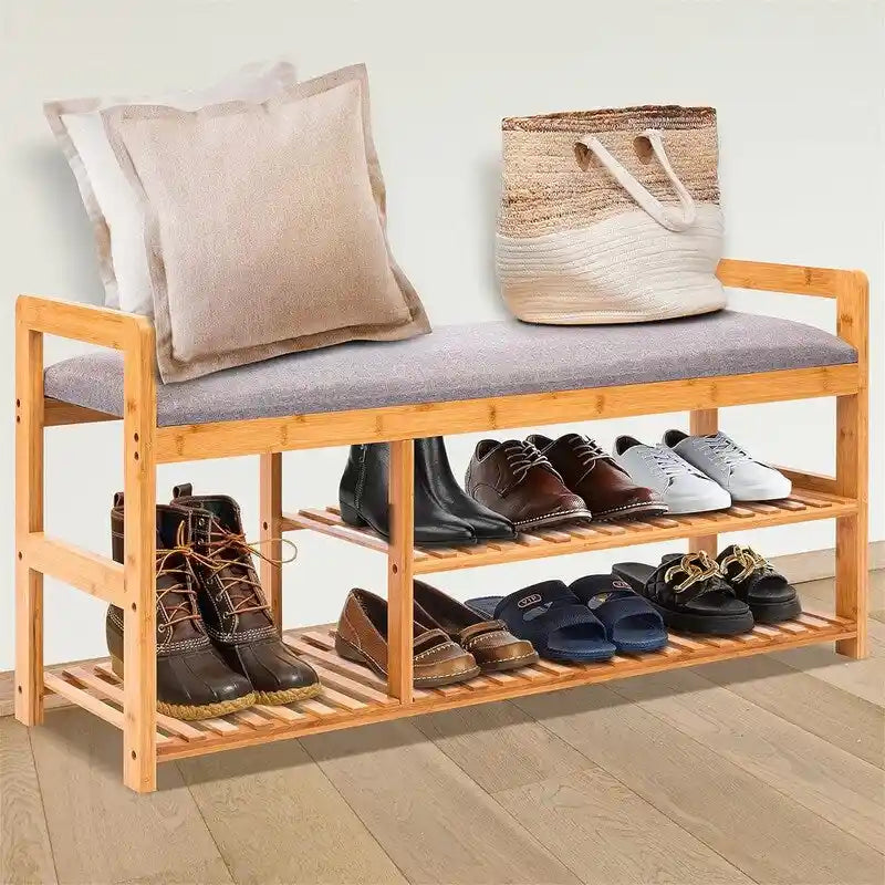 Banc à chaussures 2-en-1 en bambou avec coussin et rangement, 1 place