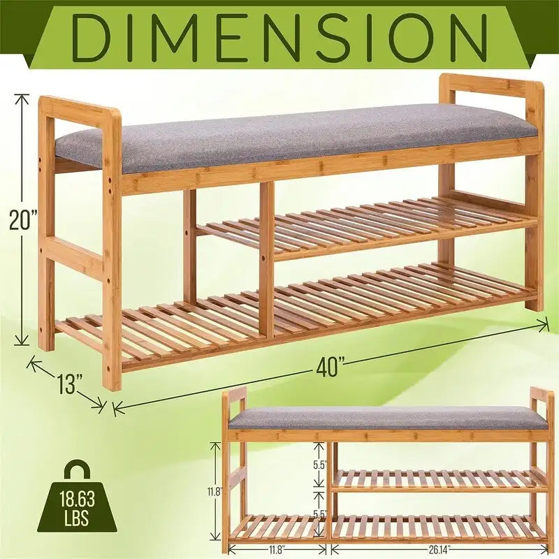 Banc à chaussures 2-en-1 en bambou avec coussin et rangement, 1 place