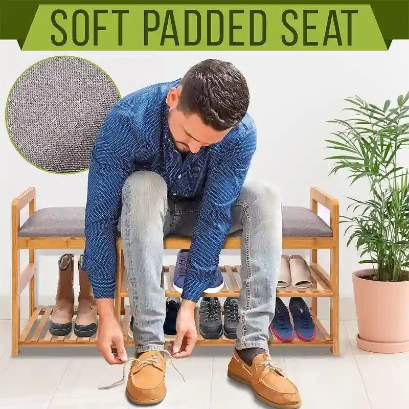 Banc à chaussures 2-en-1 en bambou avec coussin et rangement, 1 place