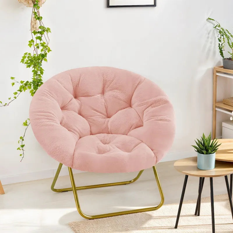 Fauteuil soucoupe rond pliable, fausse fourrure, 1 place, rose/blanc/gris pierre