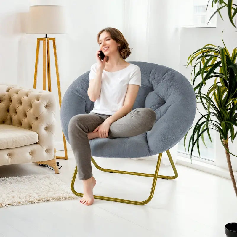 Fauteuil soucoupe rond pliable, fausse fourrure, 1 place, rose/blanc/gris pierre