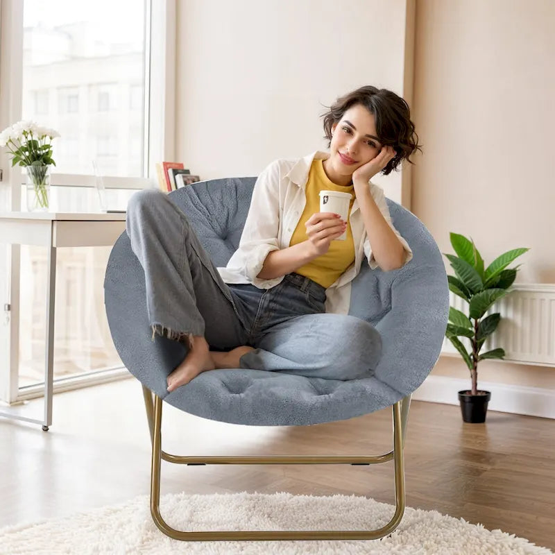 Fauteuil soucoupe rond pliable, fausse fourrure, 1 place, rose/blanc/gris pierre