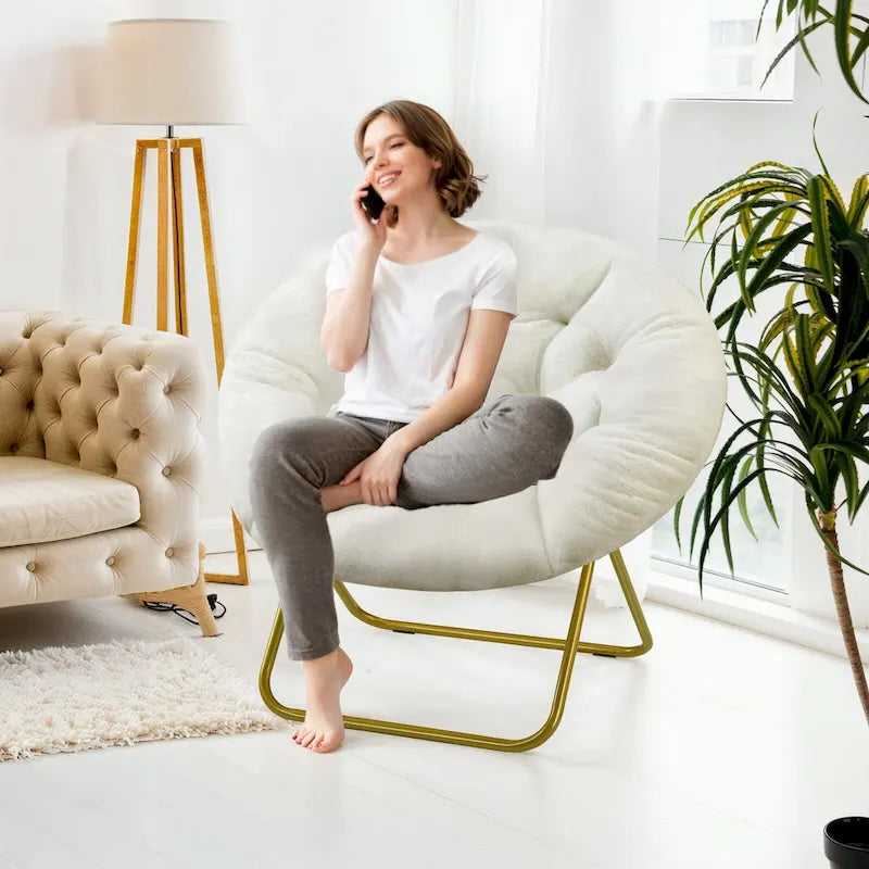 Fauteuil soucoupe rond pliable, fausse fourrure, 1 place, rose/blanc/gris pierre