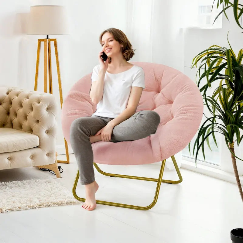 Fauteuil soucoupe rond pliable, fausse fourrure, 1 place, rose/blanc/gris pierre