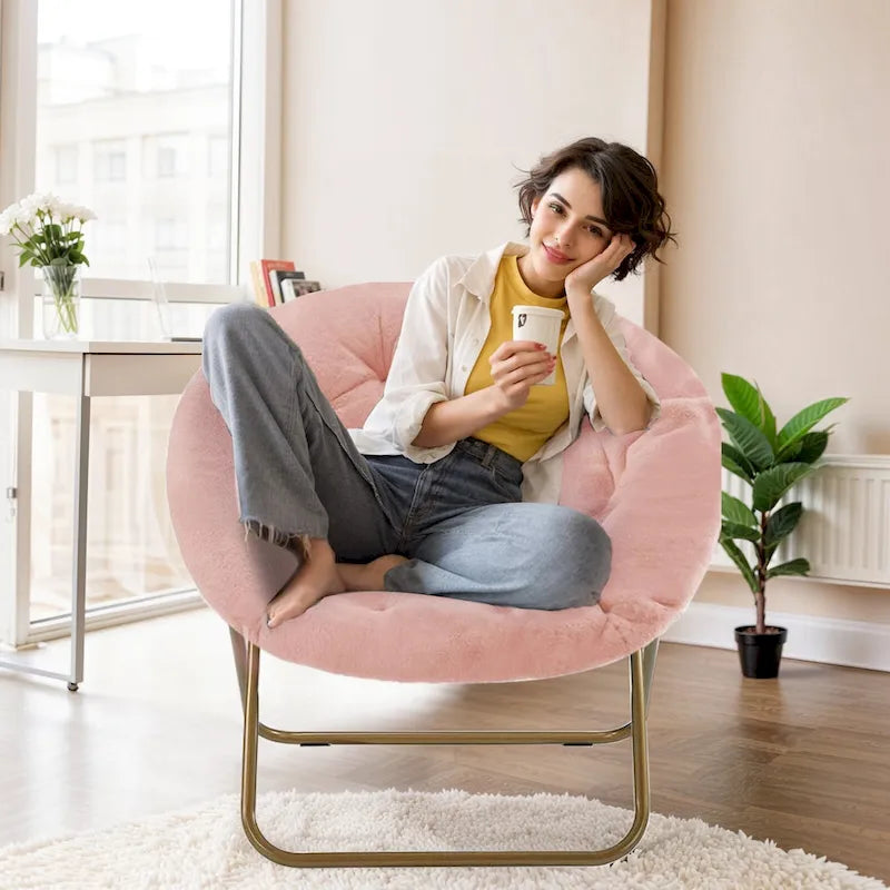 Fauteuil soucoupe rond pliable, fausse fourrure, 1 place, rose/blanc/gris pierre