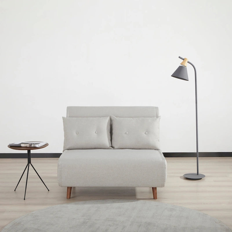 Fauteuil convertible gris foncé/beige/bleu/jaune en lit avec capitonnage et pieds en bouleau, 1 place