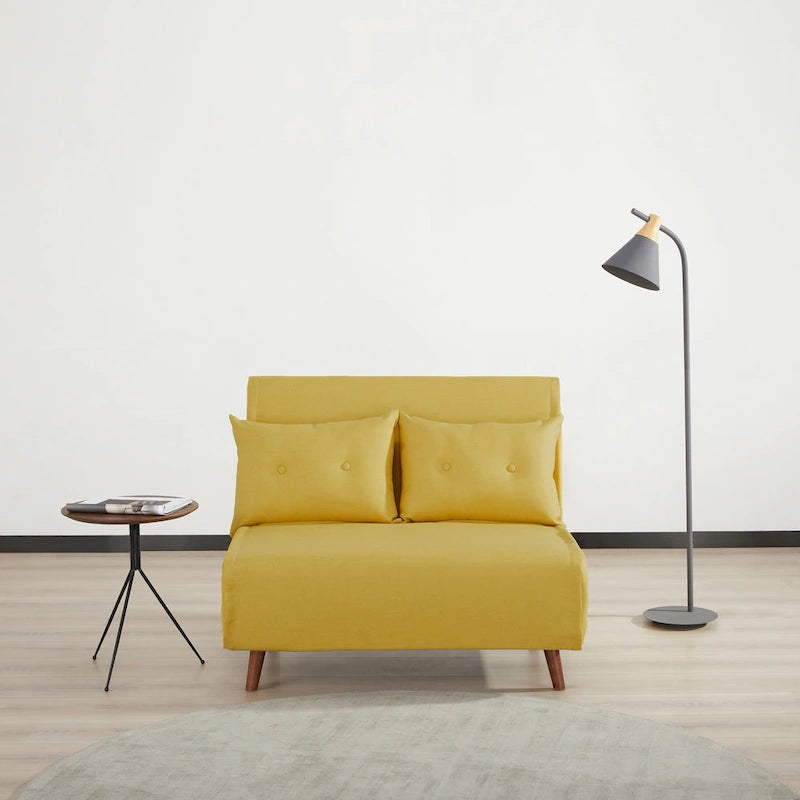 Fauteuil convertible gris foncé/beige/bleu/jaune en lit avec capitonnage et pieds en bouleau, 1 place