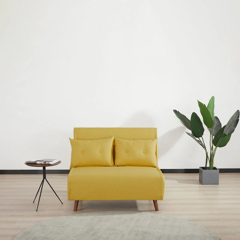 Fauteuil convertible gris foncé/beige/bleu/jaune en lit avec capitonnage et pieds en bouleau, 1 place