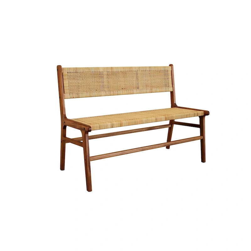 Banc tressé en rotin naturel et caramel/noir avec cadre et dossier en bois, 2-3 places