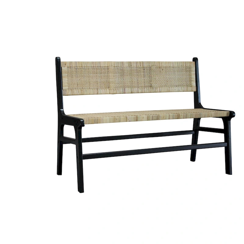 Banc tressé en rotin naturel et caramel/noir avec cadre et dossier en bois, 2-3 places