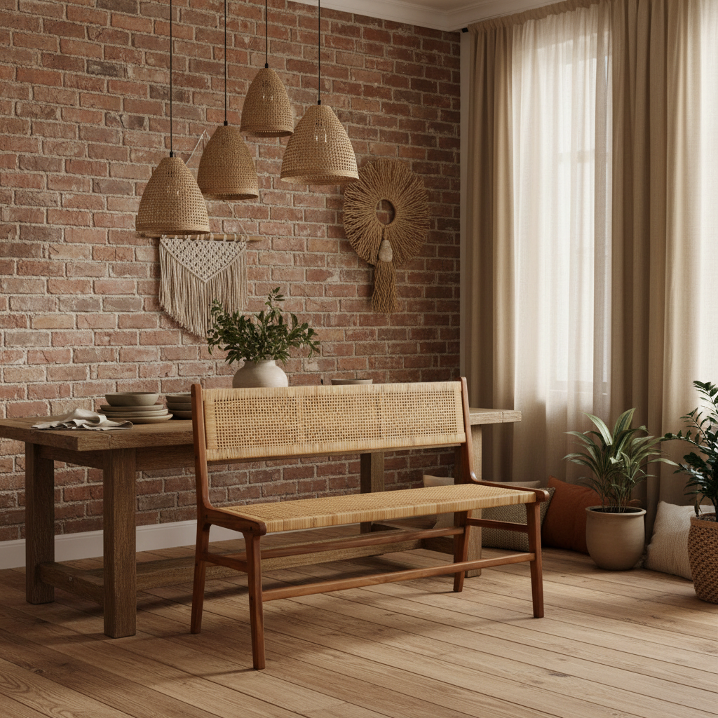 Banc tressé en rotin naturel et caramel/noir avec cadre et dossier en bois, 2-3 places