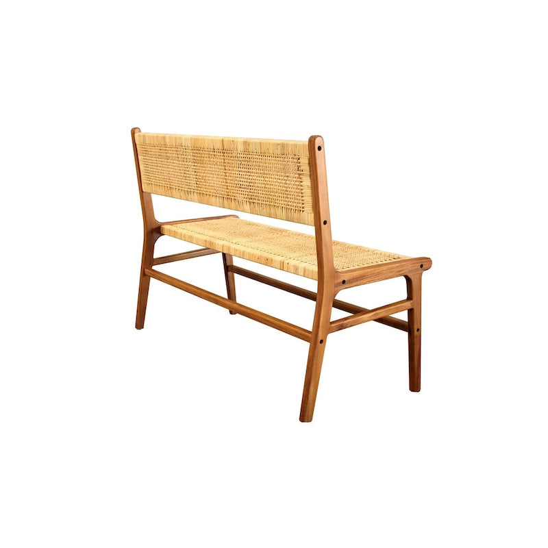 Banc tressé en rotin naturel et caramel/noir avec cadre et dossier en bois, 2-3 places