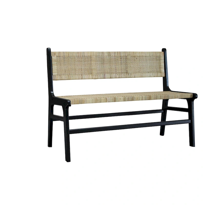 Banc tressé en rotin naturel et caramel/noir avec cadre et dossier en bois, 2-3 places