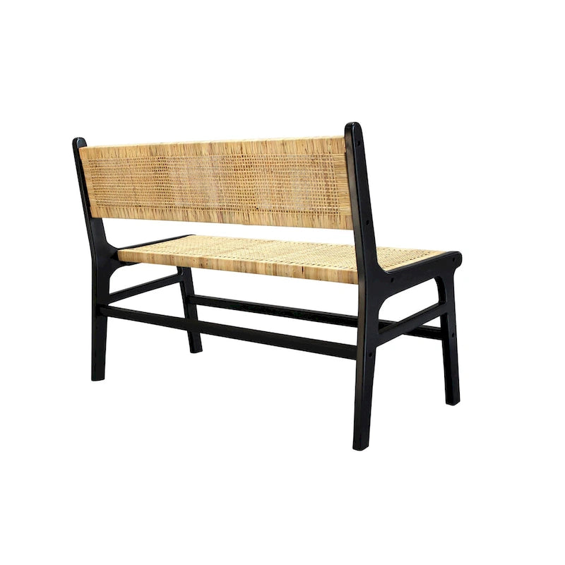 Banc tressé en rotin naturel et caramel/noir avec cadre et dossier en bois, 2-3 places