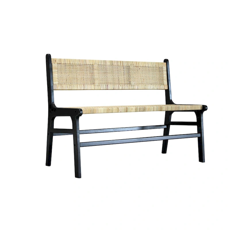 Banc tressé en rotin naturel et caramel/noir avec cadre et dossier en bois, 2-3 places