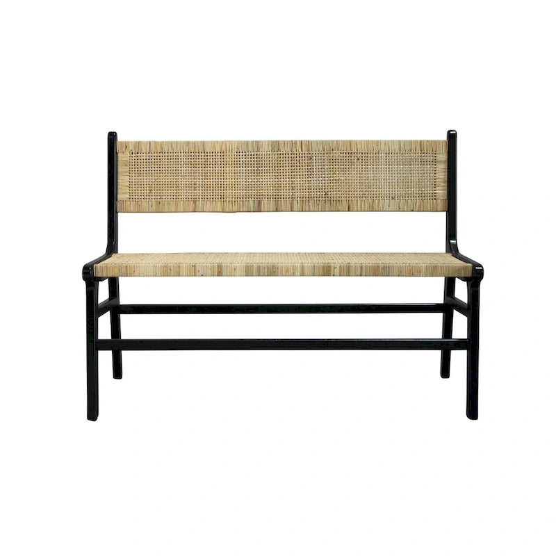 Banc tressé en rotin naturel et caramel/noir avec cadre et dossier en bois, 2-3 places